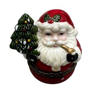 Vintage Santa Claus Trinket Box With Christmas Tree & Pipe Hand-Painted Ceramic